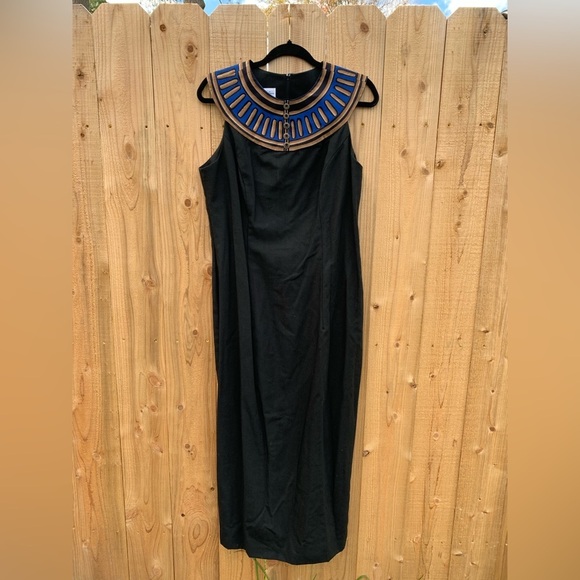 Vintage 80s‎ Jennifer Jeffries Women 14 A-Line Short Sleeve Dress Black Blue - Picture 3 of 8
